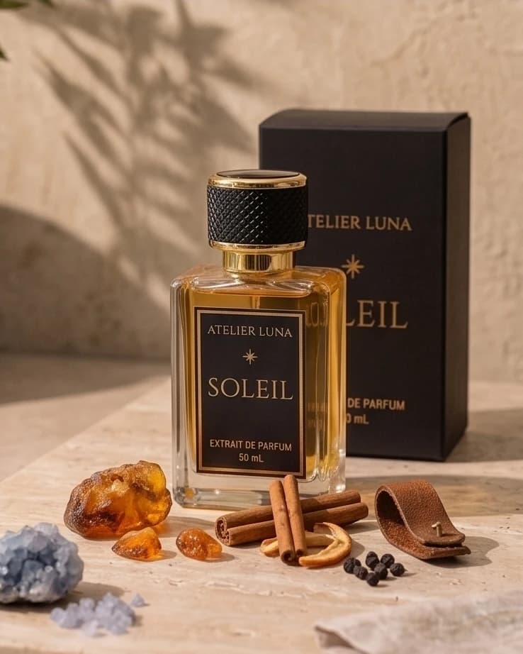 Flacon et écrin du parfum Soleil — Atelier Luna, 50 ml